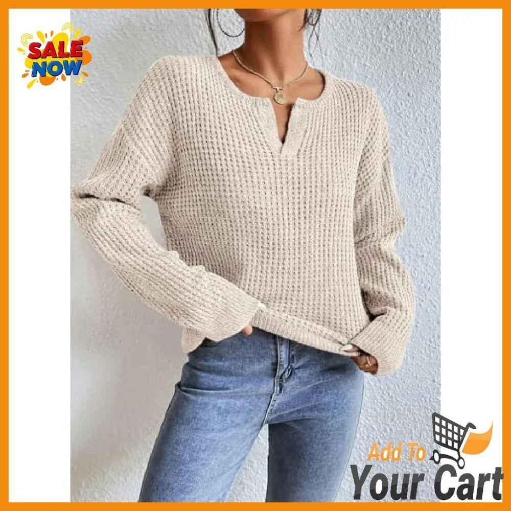 Women's V-Neck Pullover Sweater Drop Shoulder Long Sleeve Lightweight